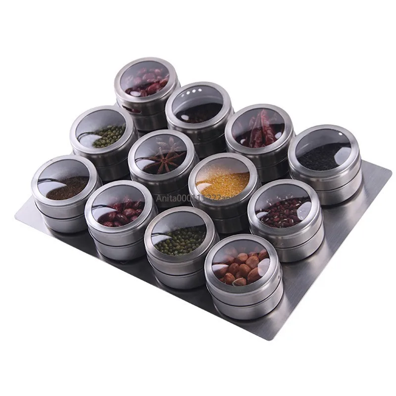 Magnetic Spice Jars Set With Spice Labels and Chalkboard Pen Stainless Steel Seasoning Pepper Spice Storage Jars Tins