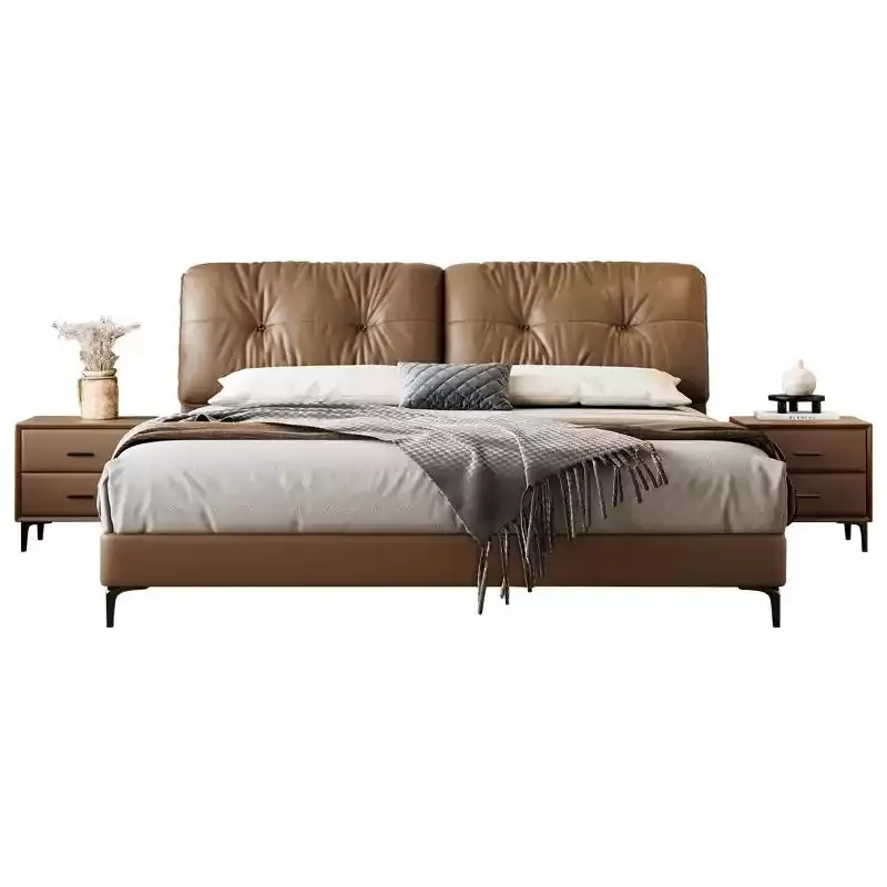 

Italian minimalist, cloud first layer cowhide bed, simple, down soft bag bed