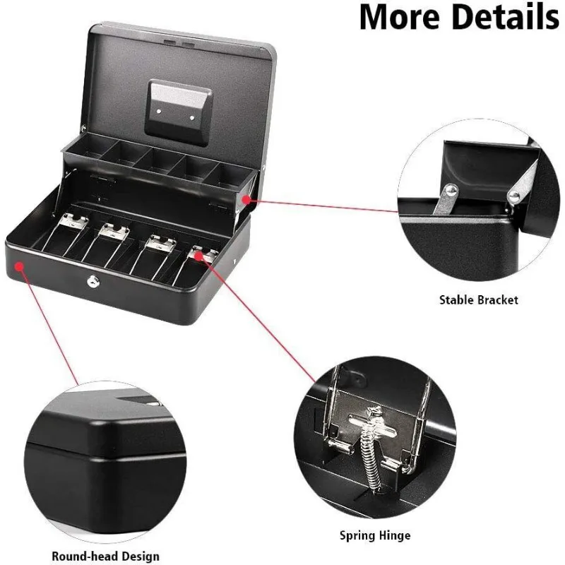 Cash Box with Lock Metal Money Box with Cash Tray, Portable Lock Safe Box, Large Cash Boxes with Money Tray for Small Business