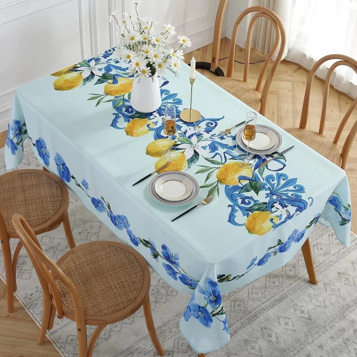 Summer Lemon Flower Print Tablecloth for Table Decor Washable Blue White Floral Rectangle Kitchen Dining Table Cloth Party Decor