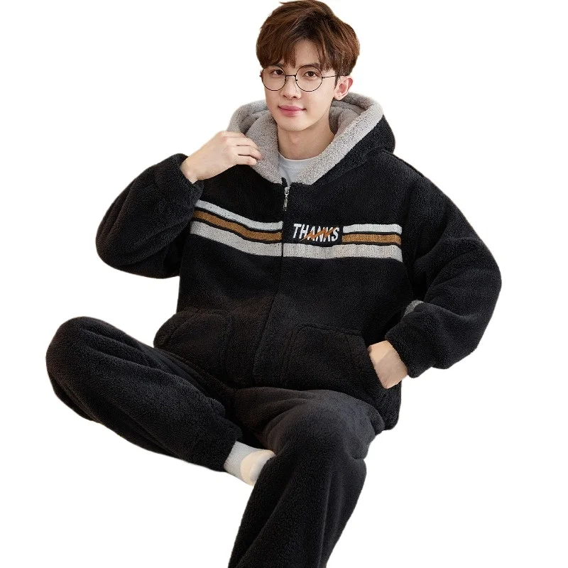 Autumn and Winter Hooded Loungewear Men's Pajamas Thickened and Velvet Coral Velvet Teen College Students Men's Styles Underwear