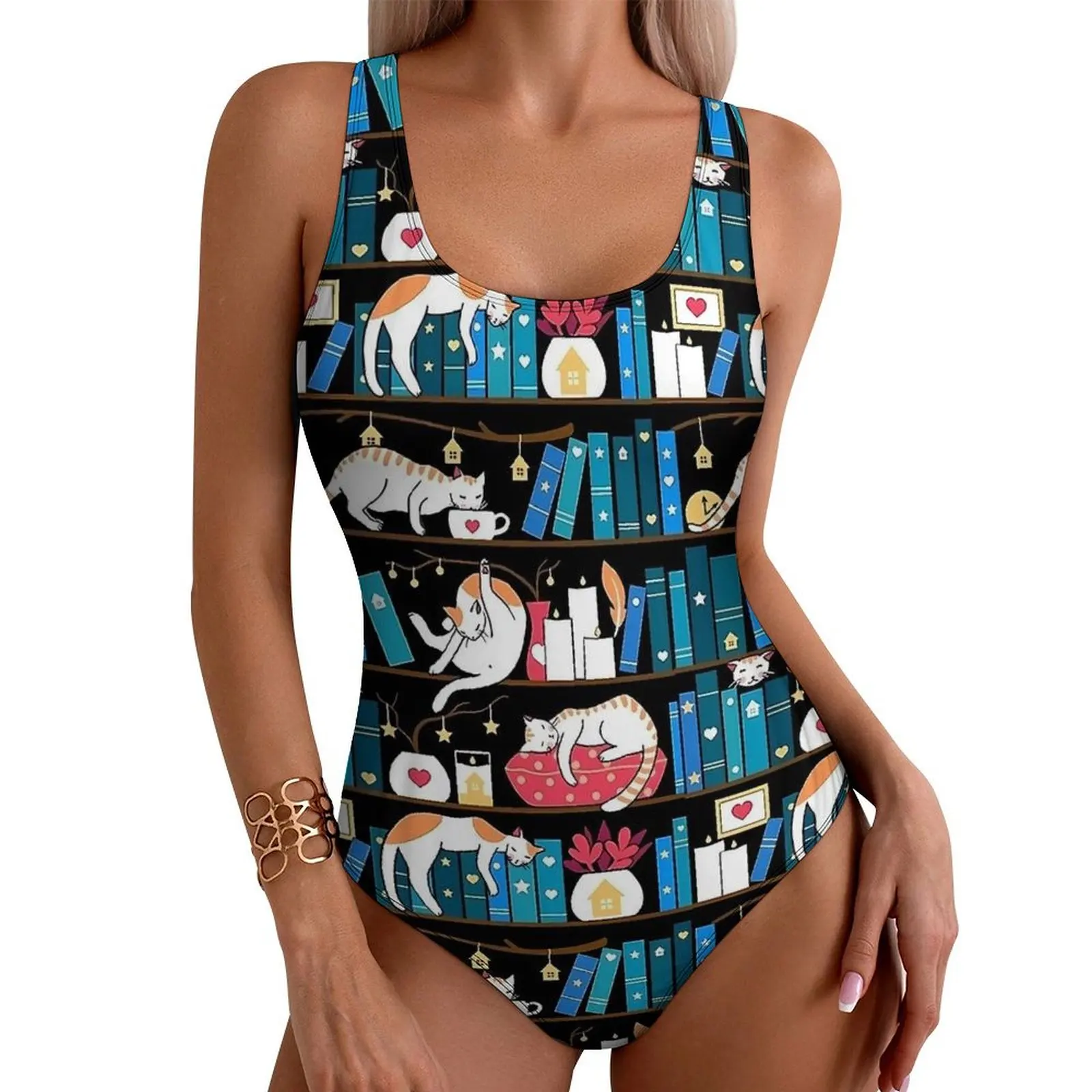 Cute Library Cats Print Swimsuit  Swimwear One Piece Holiday Pool Graphic Bodysuit Bathing Suit Women Push Up Sexy Beach Wear