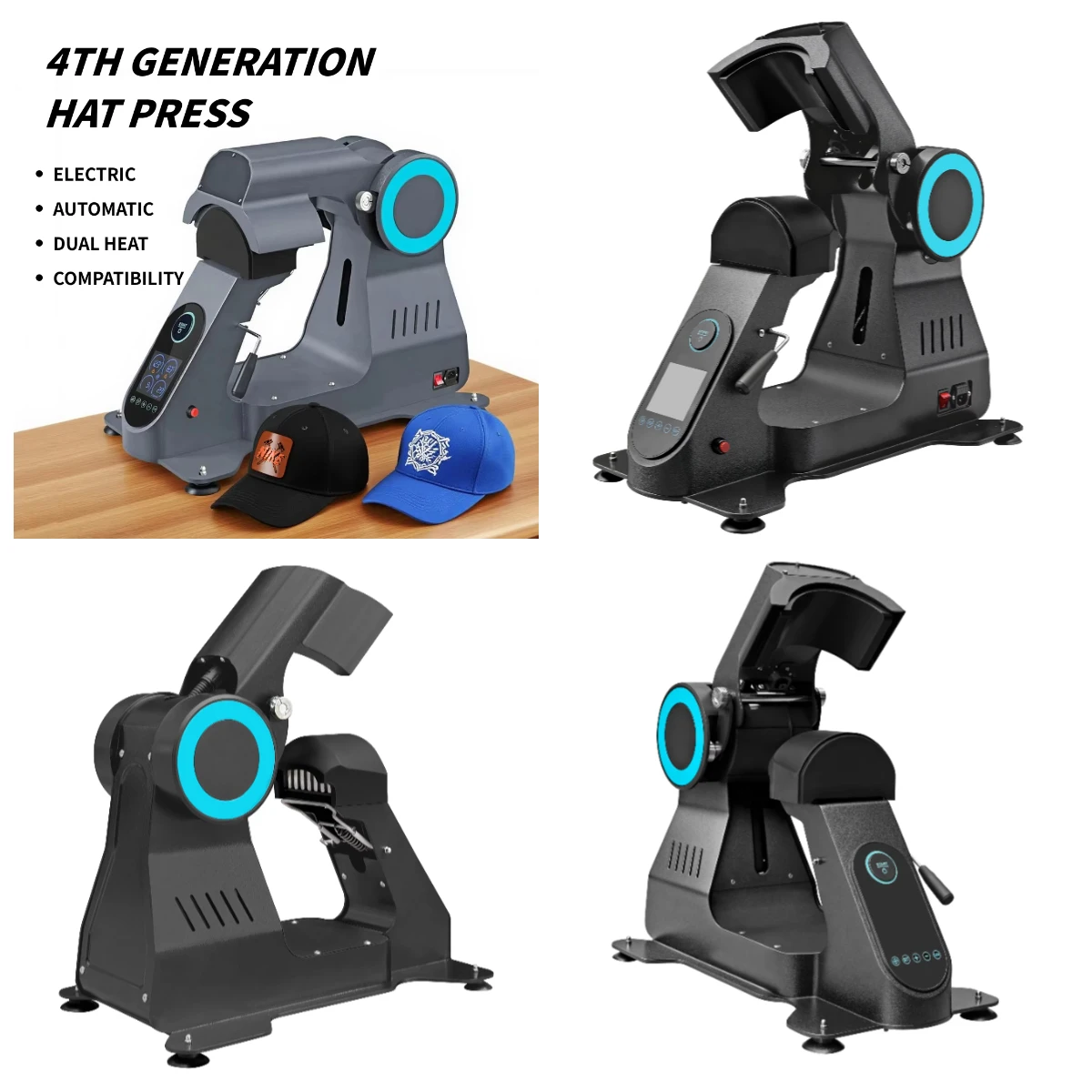 

WJW New Electric Dual Platen Automatic Open Hat Heat Press Machine for Bucket Hats and Caps with Smart LCD Controller 110V/220V