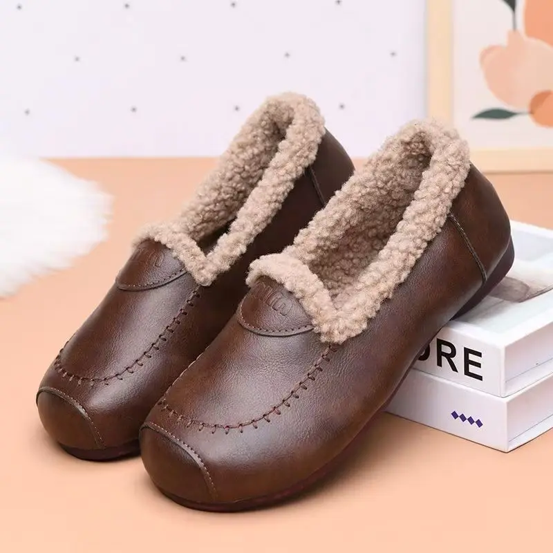 

Women's Winter New Low Top Waterproof Cotton Shoes Soft Sole Round Toe Slip On Plush Warm Flat Sole Light Elderly Cotton Boots