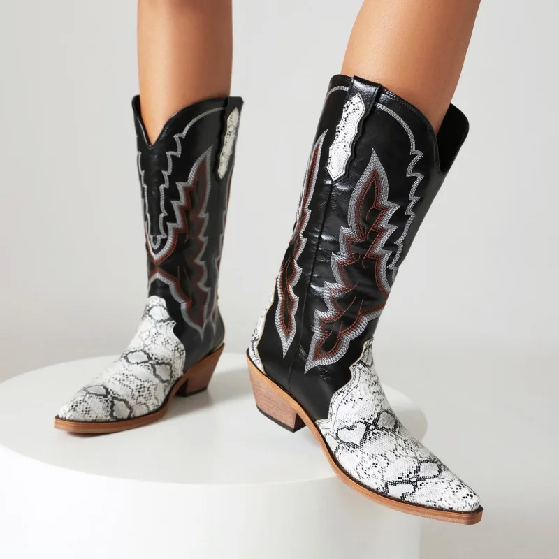 

2023 new autumn winter Women mid-calf boots plus size 22.5-28CM Embroidered serpentine microfiber modern boots western boots