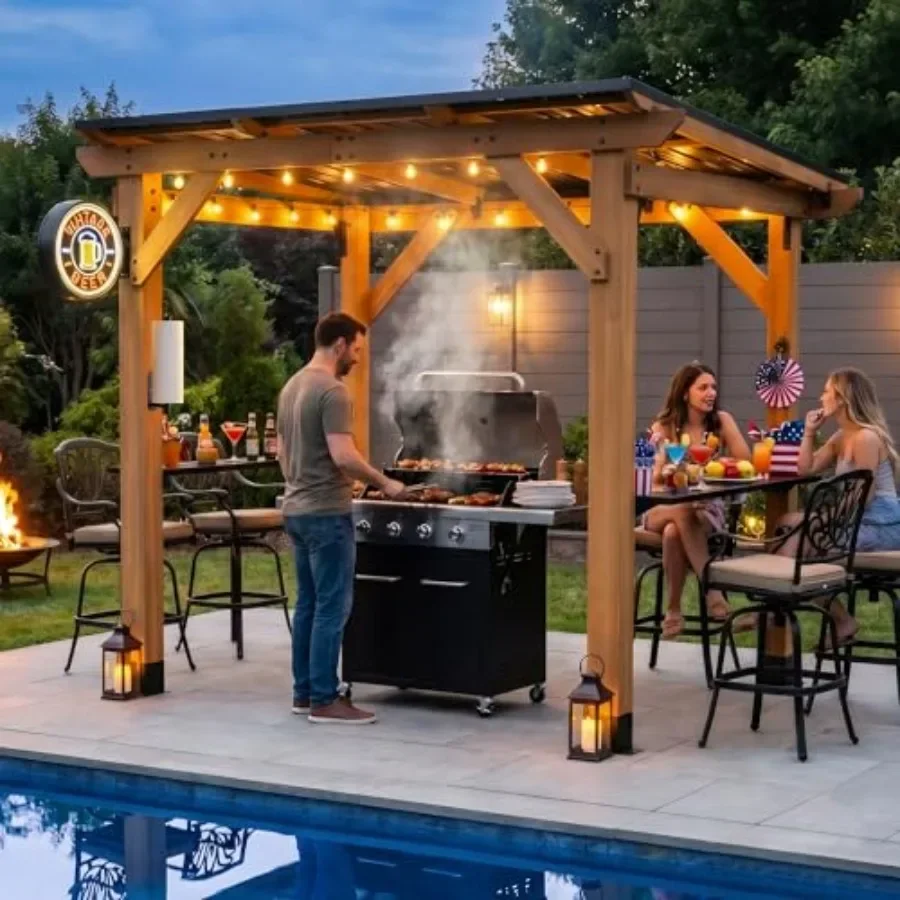 

Grill Gazebo for outdoor backyard deck use, cedar wood with galvanized steel roof, natural color, durable permanent patio pavil