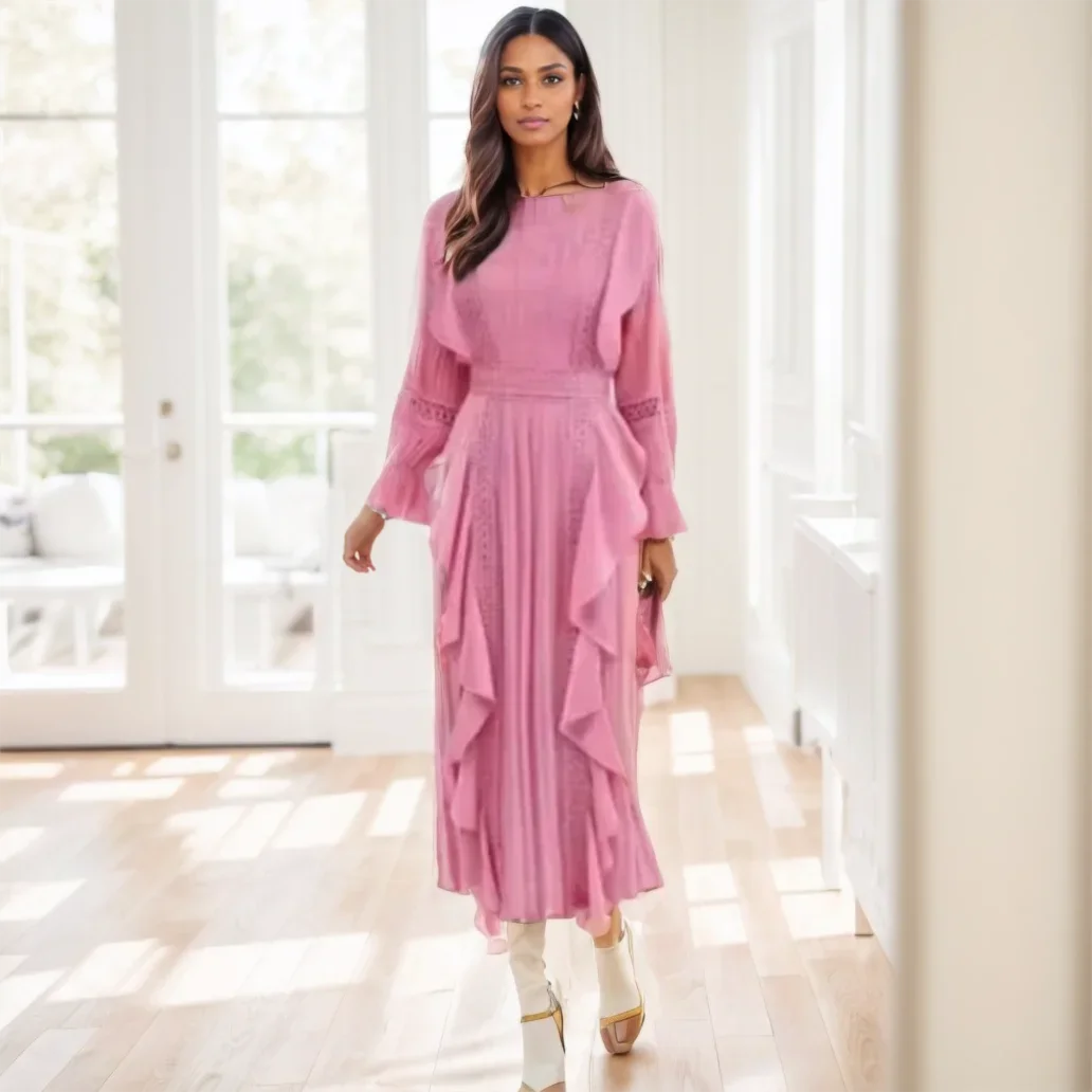 

Женское плиссированное платье Miyake, новинка 2026, однотонная, с рюшами в виде грибка, v-образным вырезом, с длинными рукавами, свободная плиссированная юбка большого размера