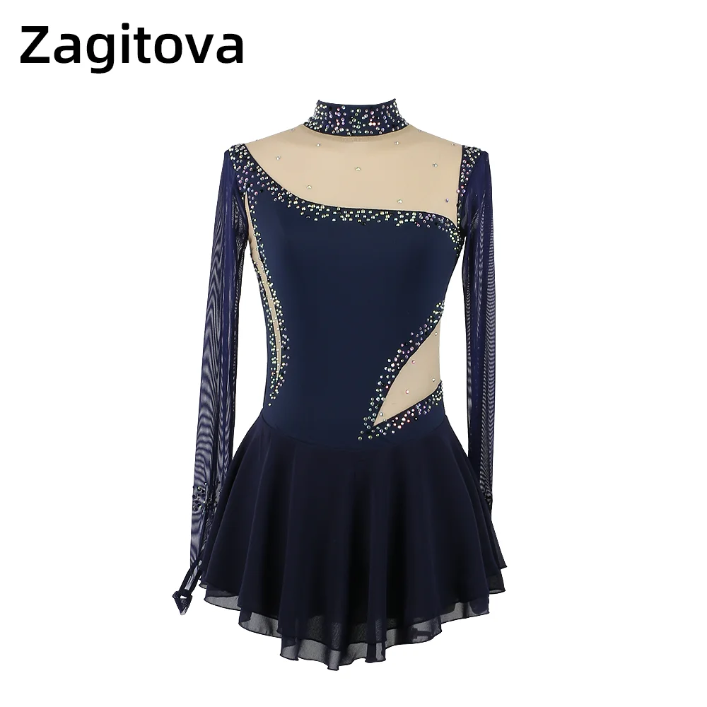 Zagitova-vestido de patinaje artístico para mujer y niña, ropa de patinaje sobre hielo, manga larga, verde salvaje con diamantes