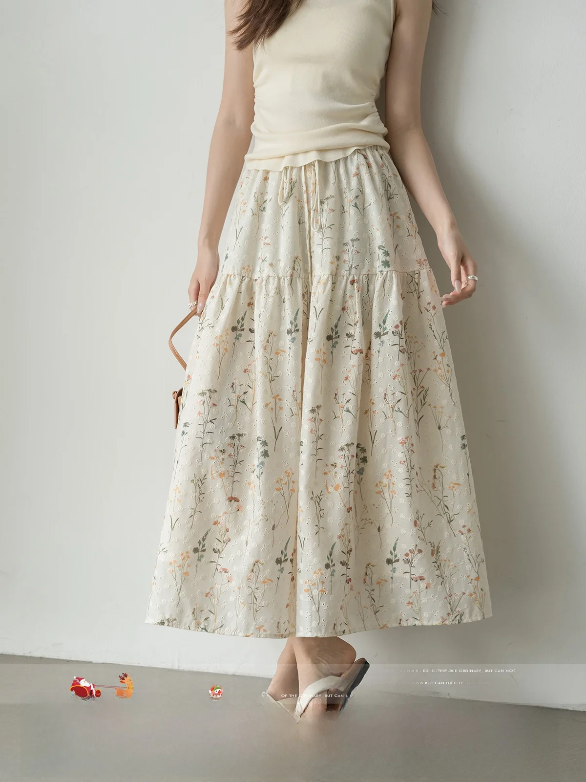 MoZao Apricot Floral Print Elastic Waist Draped f Skirt Women's A-Line Long Skirt Summer 2025 High Waist New Sle Casual ...