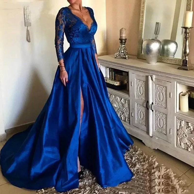 Royal Blue Deep V-Neck Long Prom Dresses High Side Split Long Sleeves Evening Gowns Plus Size Sweep Train Vestidos De Festa