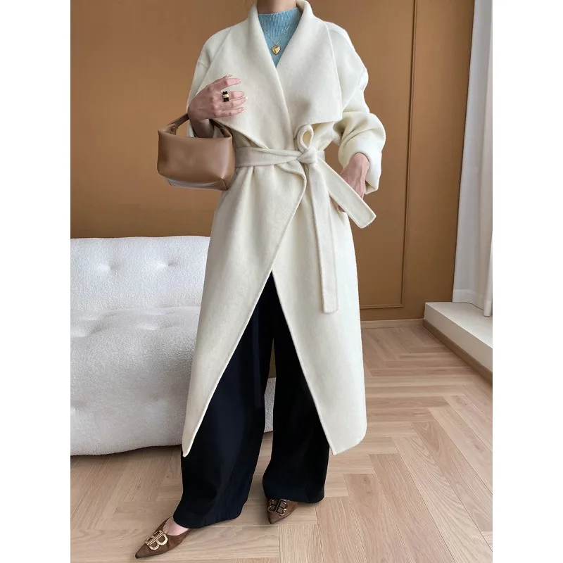 2024 Women Autumn Coats Wdie Laple Collar Design Long Woolen Coat With Belt Open Stitch Wool Coat Veste Femme Tops