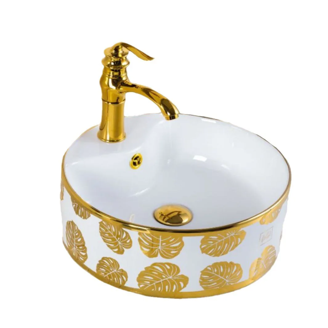 

Electroplating table basin Golden gold leaf pig trough art basin Ceramic wash basin Round with faucet hole Washbasin