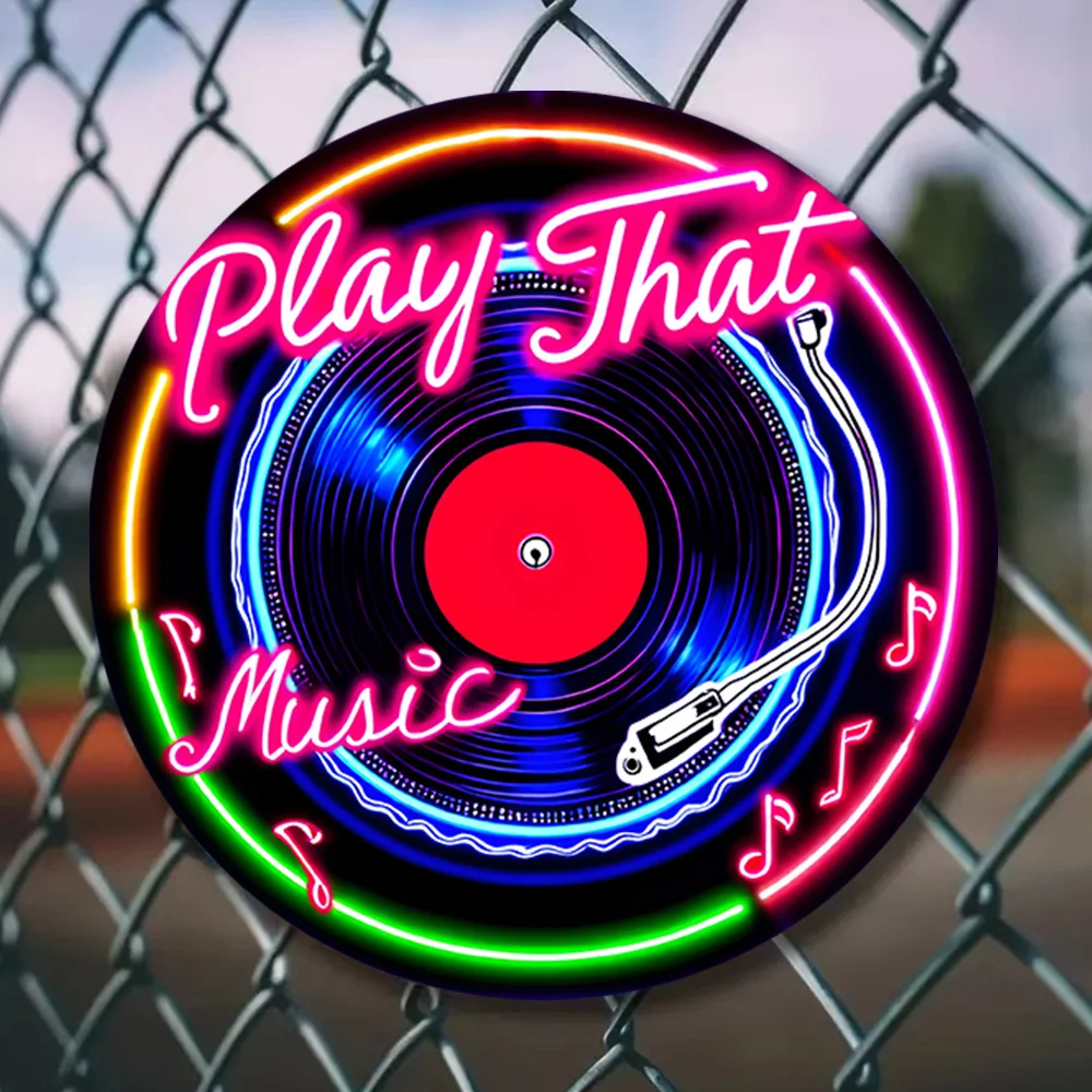 

2D плоская неоновая вывеска в стиле ретро из виниловой пластинки, 1 шт. - «PLAY THAT MUSIC», винтажное металлическое настенное украшение и устойчивый к выцветанию круглый декор