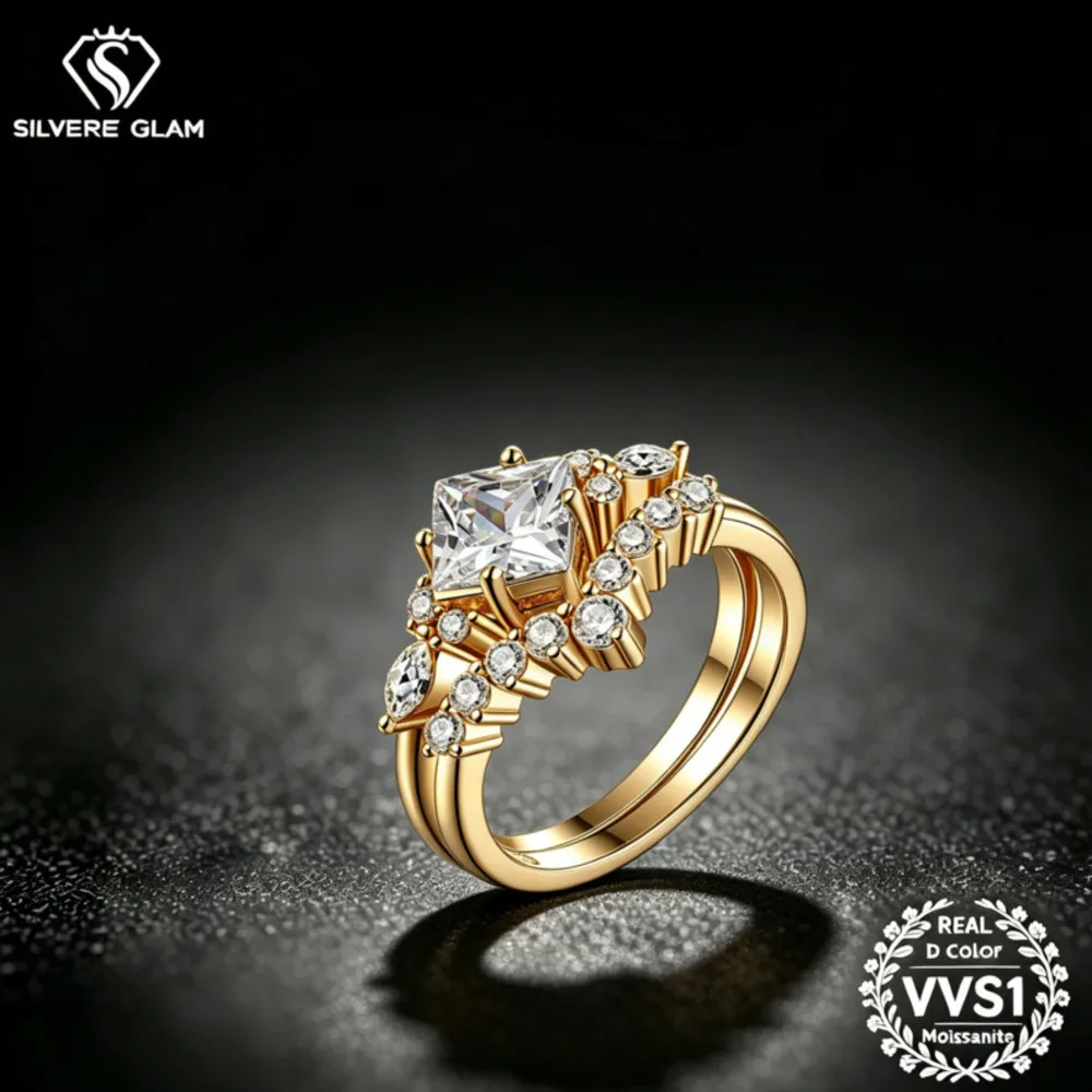 925 Sterling Silver Princess Cut Split Shank Bridal Set Ring D VVS1 Moissanite Multi Tone Wedding Fine Jewelry For Women