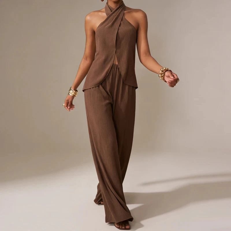 

Casual Women Hollow Out Commute Outfits Summer New High Waist Party Suits Vintage Design Style Backless Halter Vest&Pants Sets