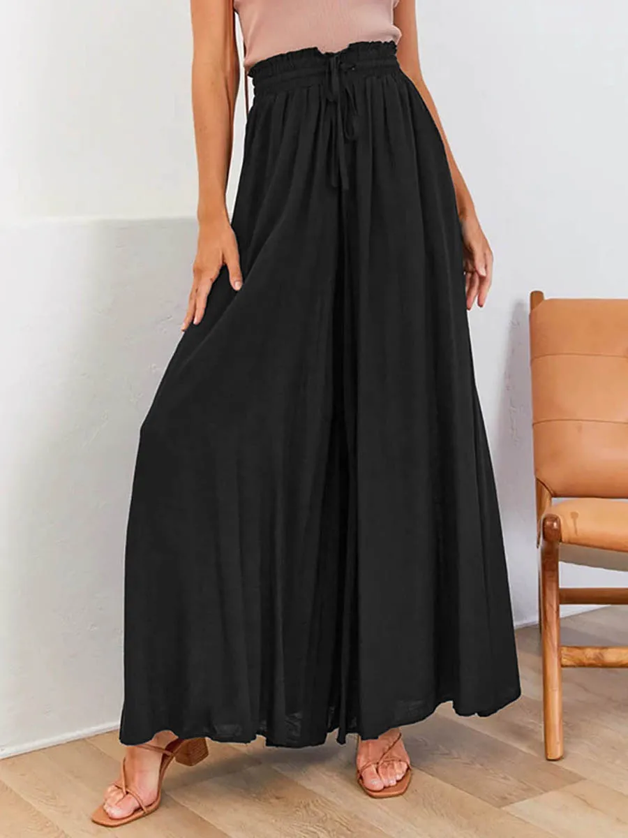 Women High Waist Wide Leg Pants Elastic Drawstring Loose Casual Trousers Solid Color Flowy Palazzo Pants Vintage Streetwear Y2K