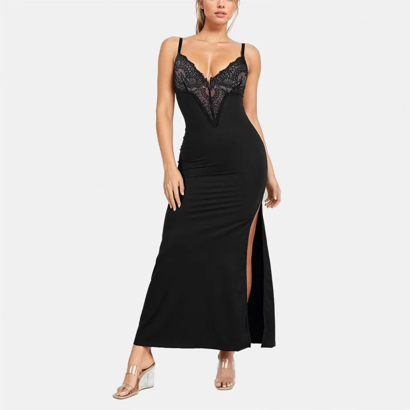 

European and American Sexy Lace Camisole Dress Black Long Dress with Built-in Shapewear