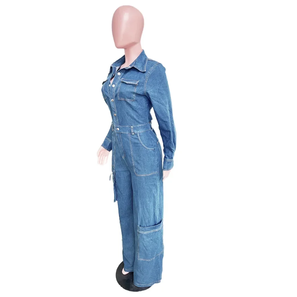 New Style Loose Stretch Washable Long Sleeve Workwear Denim Jumpsuit for Women Clothing Personalized Female Fashion Jumpsuits