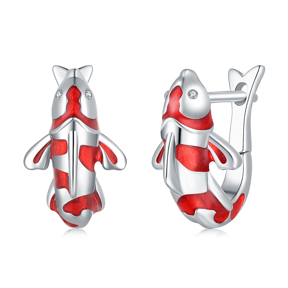 

925 Sterling Silver Red Enamel Fish Lucky Koi Hoop Earrings Christmas Party Birthday Jewelry Gifts For Women Girls Teens Friends