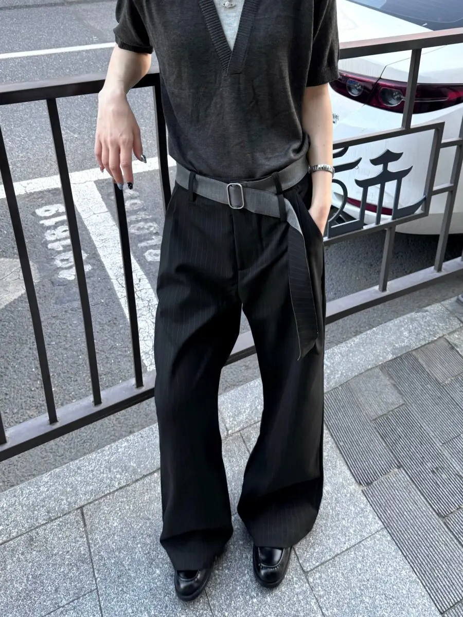 American High Street Double Folded 3D Tailored Striped Belted Sword Way Casual Pants  Binding Straight Leg A-Line Shaped