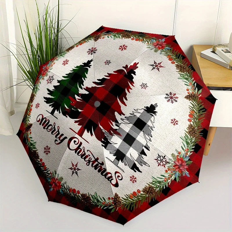 

Праздничный круглый зонт с узором в клетку и снежинками, с дизайном рождественской елки - автоматическое открытие/закрытие, 8 спиц, компактный, 3-секционный