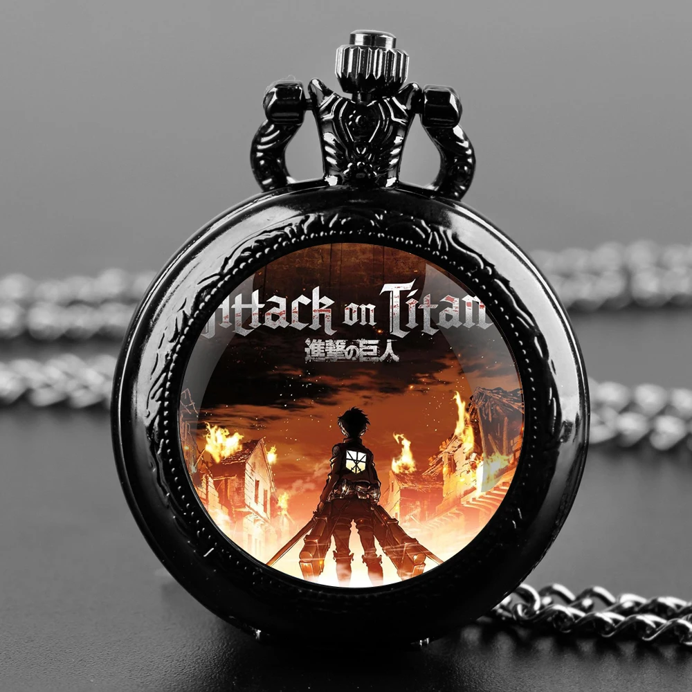 Attack on Titan Design Glass Dome Quartz Pocket Watch with Durable Chain Arabic Numeral Dial for Men and Women Creative Gifts