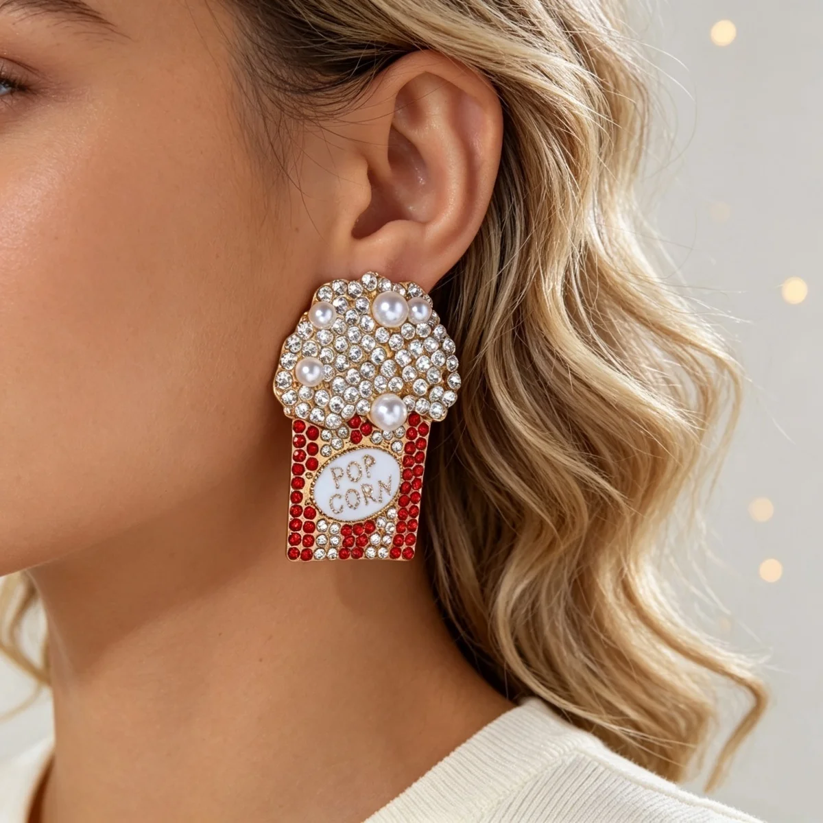 Weihnachtliche rote Strass-Ohrringe mit simulierten Perlen in Popcorn-Form für Damen, kreative Weihnachts-Popcorn-Ohrringe, Neujahrsparty-Schmuck. – Detail 7
