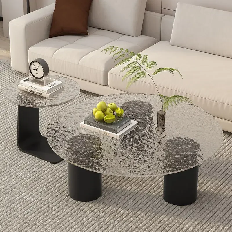 

Light luxury style, modern simple glass coffee table, living room, household round rock slab, small apartment, coffee table, sid