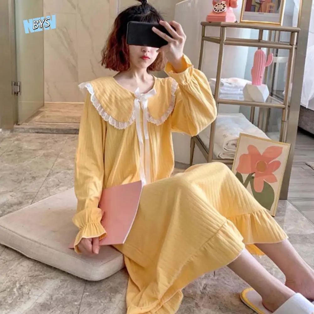 

Cute Lace Pajamas Nightgown Women Doll Collar Sweet Bowknot Ruffle Nightdress Loose Ruffle Long Sleeve Sleepwear Girl