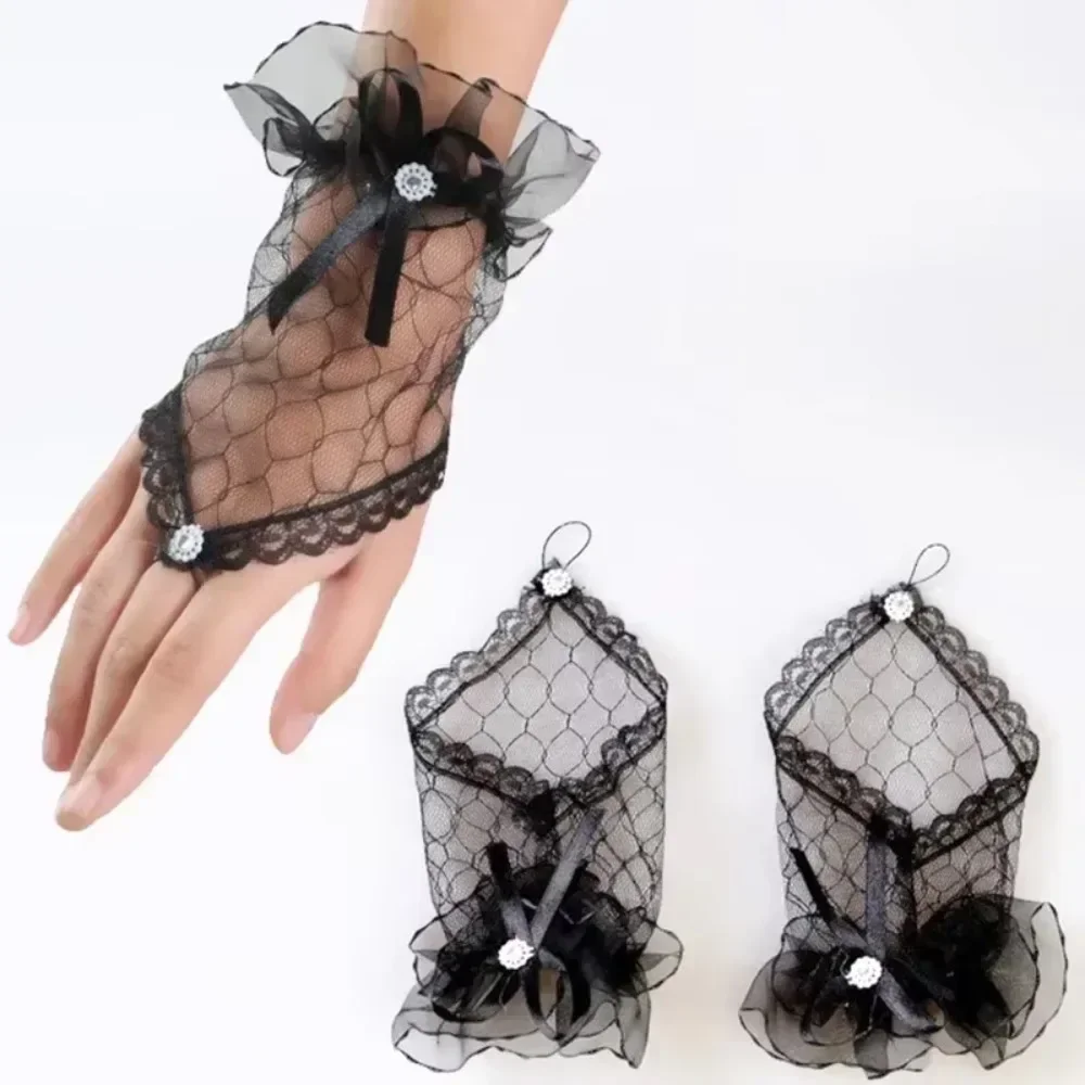 Gothic Short Black Gloves Female Harajuku Lace Bridal Wedding Halloween Lolita Dress Net Gauze Bow Hand Sleeve Fishnet Gloves