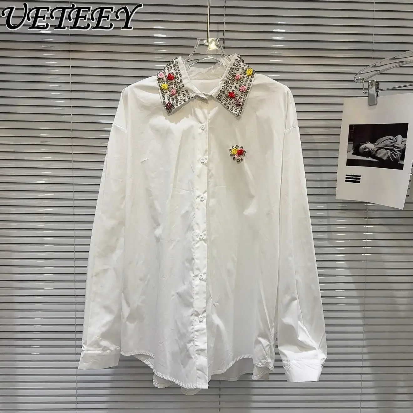 Spring Autumn New Personalized Fashion Flower Bead Lapel Long-sleeved Shirt Heavy Industry Versatile Loose Single-breasted Tops