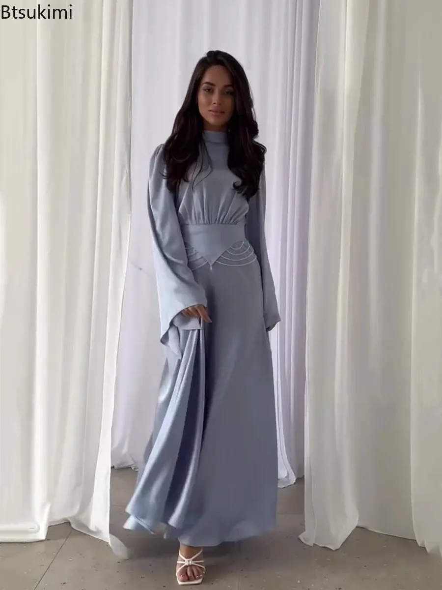 

2025 Elegant Women's Solid Satin Maxi Dress Fashion Half High Collar Prom Gown Long Sleeve Slim Evening Dresses Party Robe Femme