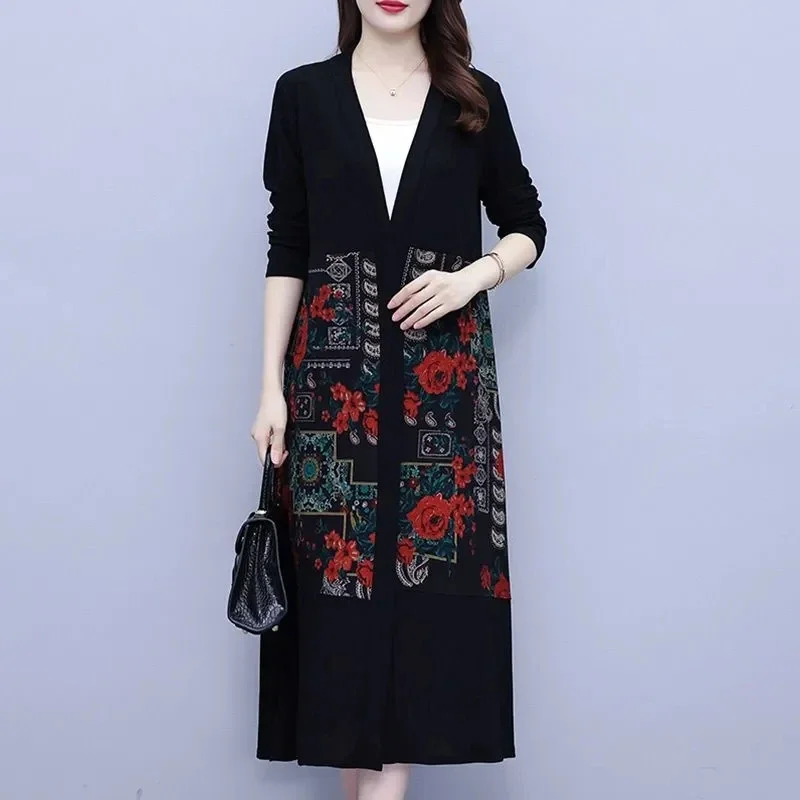 Spring Summer Thin Windbreaker Women New Floral  Print Patchwork Cardigan Shawl Long Trench Coat  Mother Sunscreen Clothes 5XL