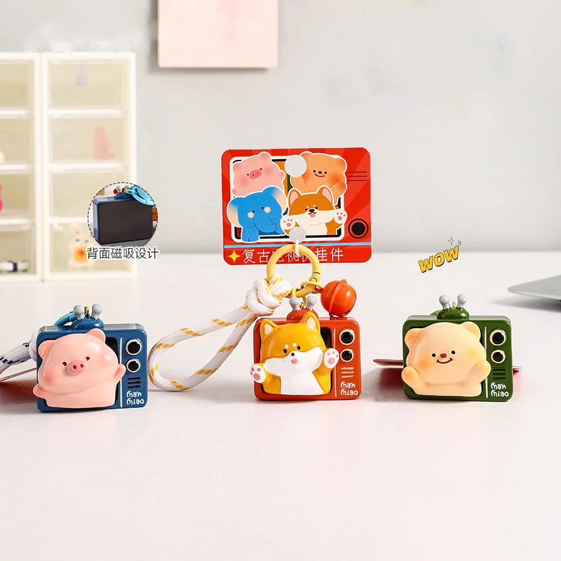 Retro Animal TV Elephant Shiba Inu Resin Magnetic Suction Keychain Accessories Cute Pig Bear Doll Refrigerator Pendant Key Chain