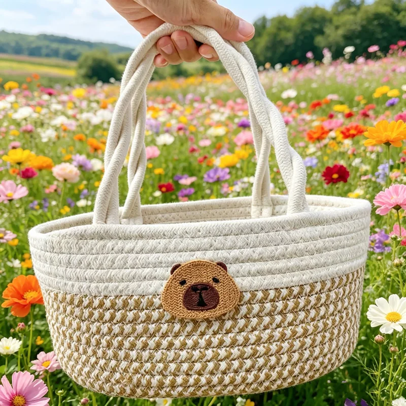 CLAREGQI   Cute Capybara Patch Cotton Rope Woven Hand Basket Portable Handle Storage Basket Multi-scene Gift Basket For Beach Tr
