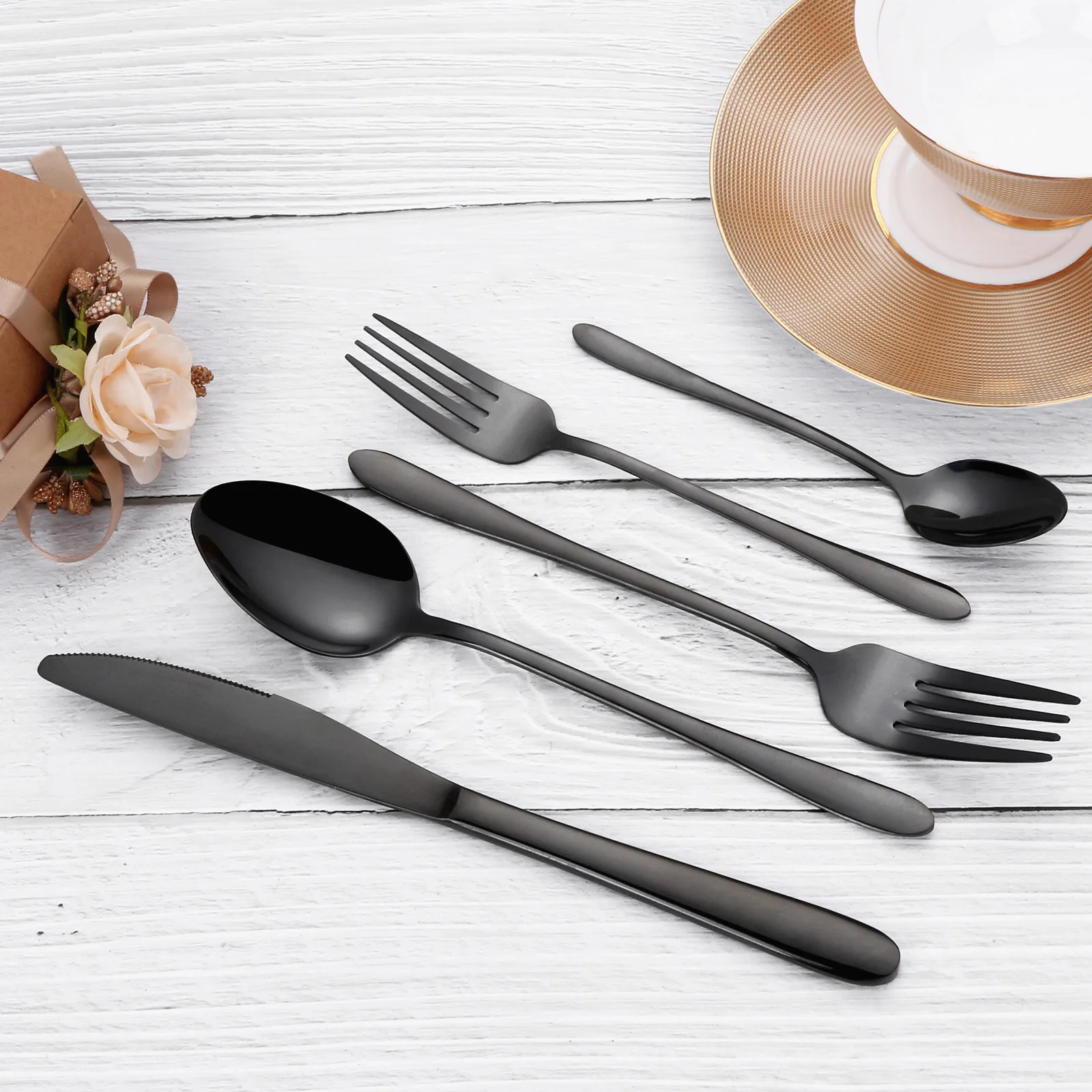 24/28/32 Pieces Black Tableware Stainless Steel Western Cutlery Set Elegant Dinner Set Mirror Knife Fork Spoon Kitchen Utensils