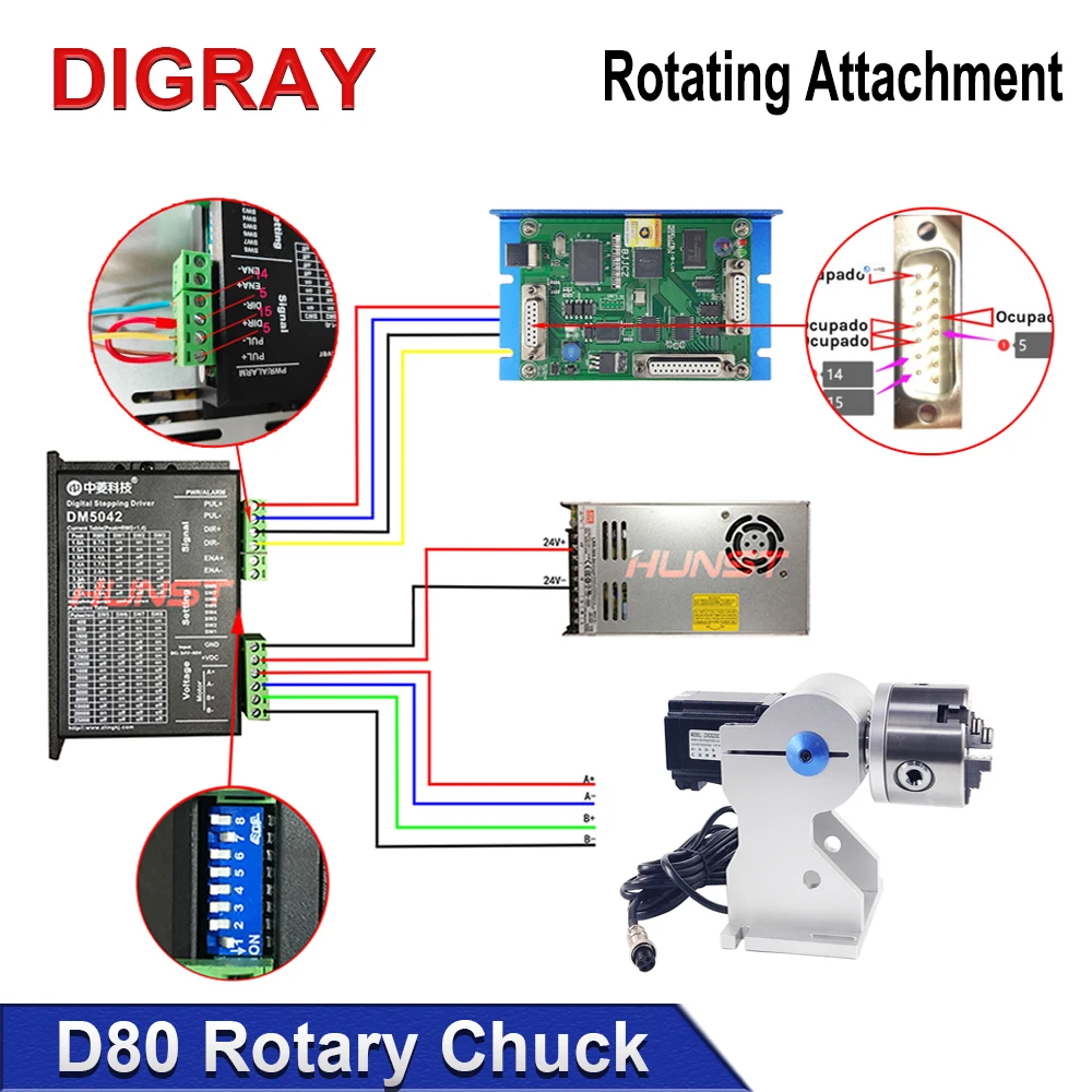 DIY acessório rotativo para máquina de marcação a laser de fibra, dispositivo rotativo com três mandril, DM5042 Driver para CO2 UV, RA-D80A