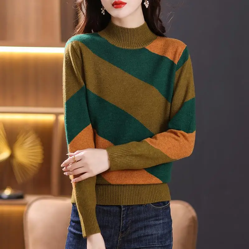 Autumn Winter Clothes 2023 New Fashionable Straight Wide Striped Long Sleeve Top Korean Half High Neck Short Sweater for Women