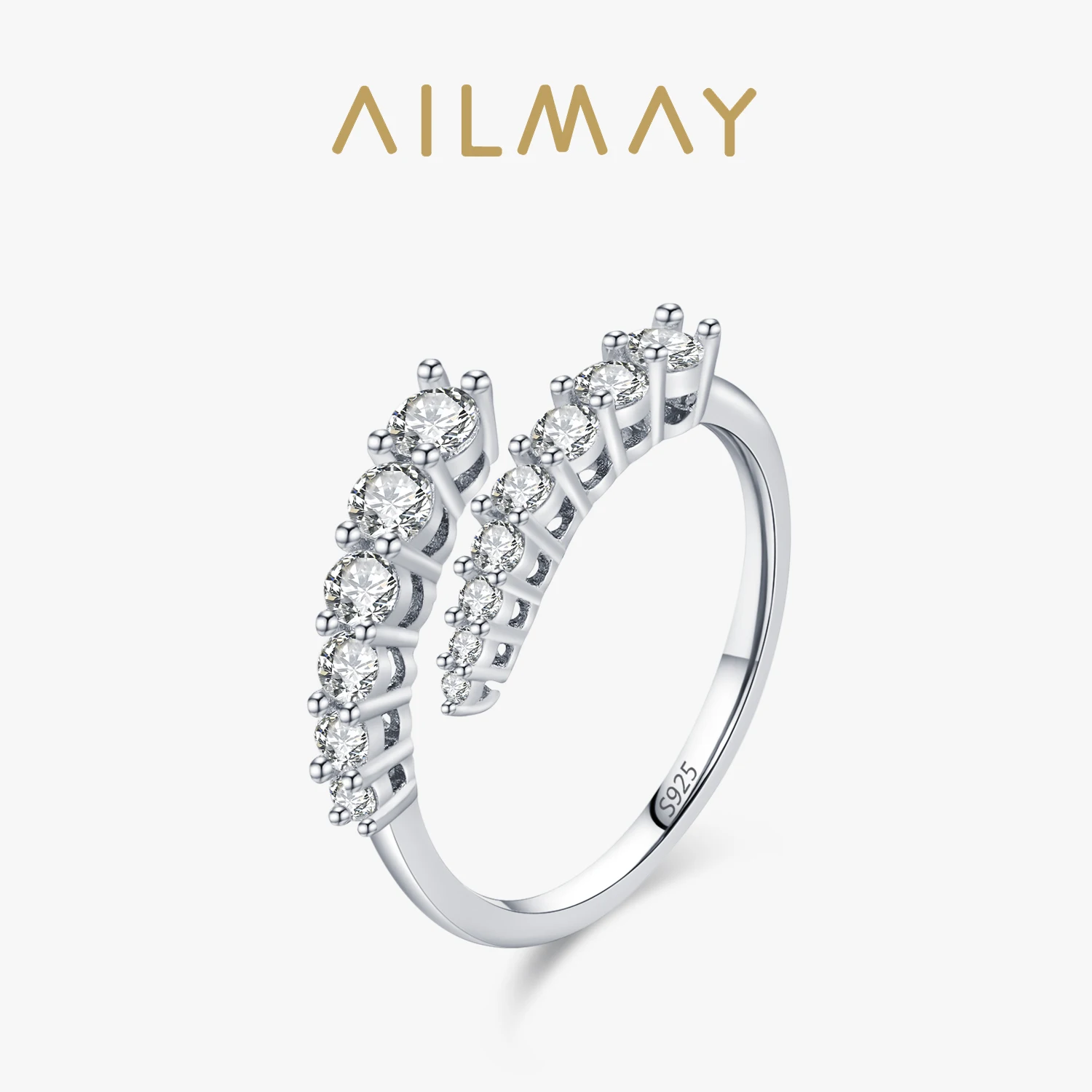 Ailmay Luxury 925 Sterling Silver Shiny Round Zircon Resizable Opening Rings For Women Girls Wedding Party Accessories Jewelry