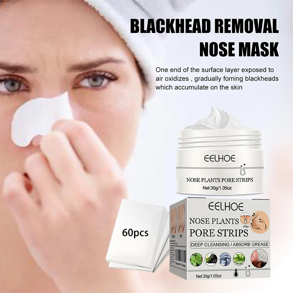 60Pcs Blackhead Remover Cream Paper Plant Pore Strips Nose Acne Cleansing Mud Mask Treatments Black Dots Peel Off Skin Care Tool