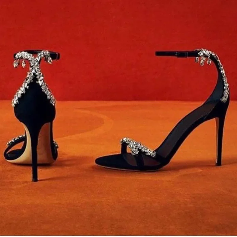 

Босоножки на каблуке с кристаллами, пикантные босоножки с острым носком на тонком каблуке, одно слово, ремень с пряжкой, новые поступления, модная женская современная обувь