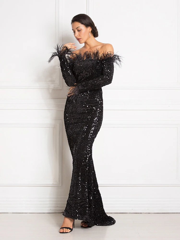 

Shiny Sequin Feather Velvet Evening Party Maxi Dress Long Sleeve Bodycon Stretchy Slash Neck Mermaid Dress