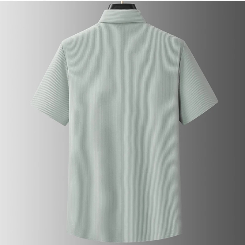 New Men's Stretch Ice Silk Seamless Striped Short - Sleeve Shirt, Lightweight Breathable Casual Business Polo