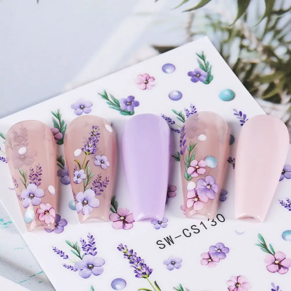 Purple Flower Nail Stickers Spring Summer Petal Leaves Daisy Nail Decor Cherry Blossoms Butterfly Charms Y2K Manicure Decoration