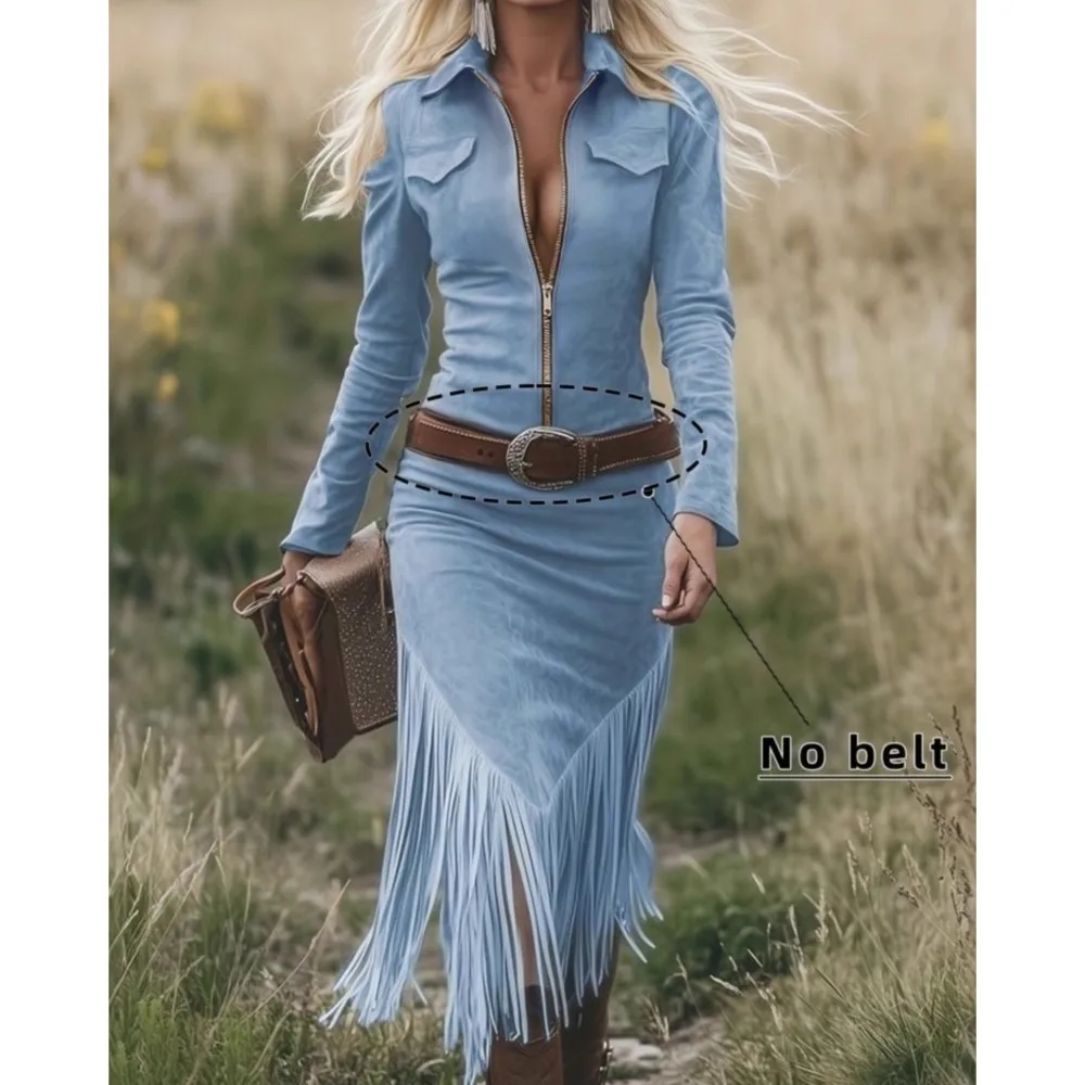 

Denim Style Dress Spring Summer Women's New Suede Tassel Solid Color Slim Long Sleeve Zipper Long Dress Ropa Mujer Vestidos