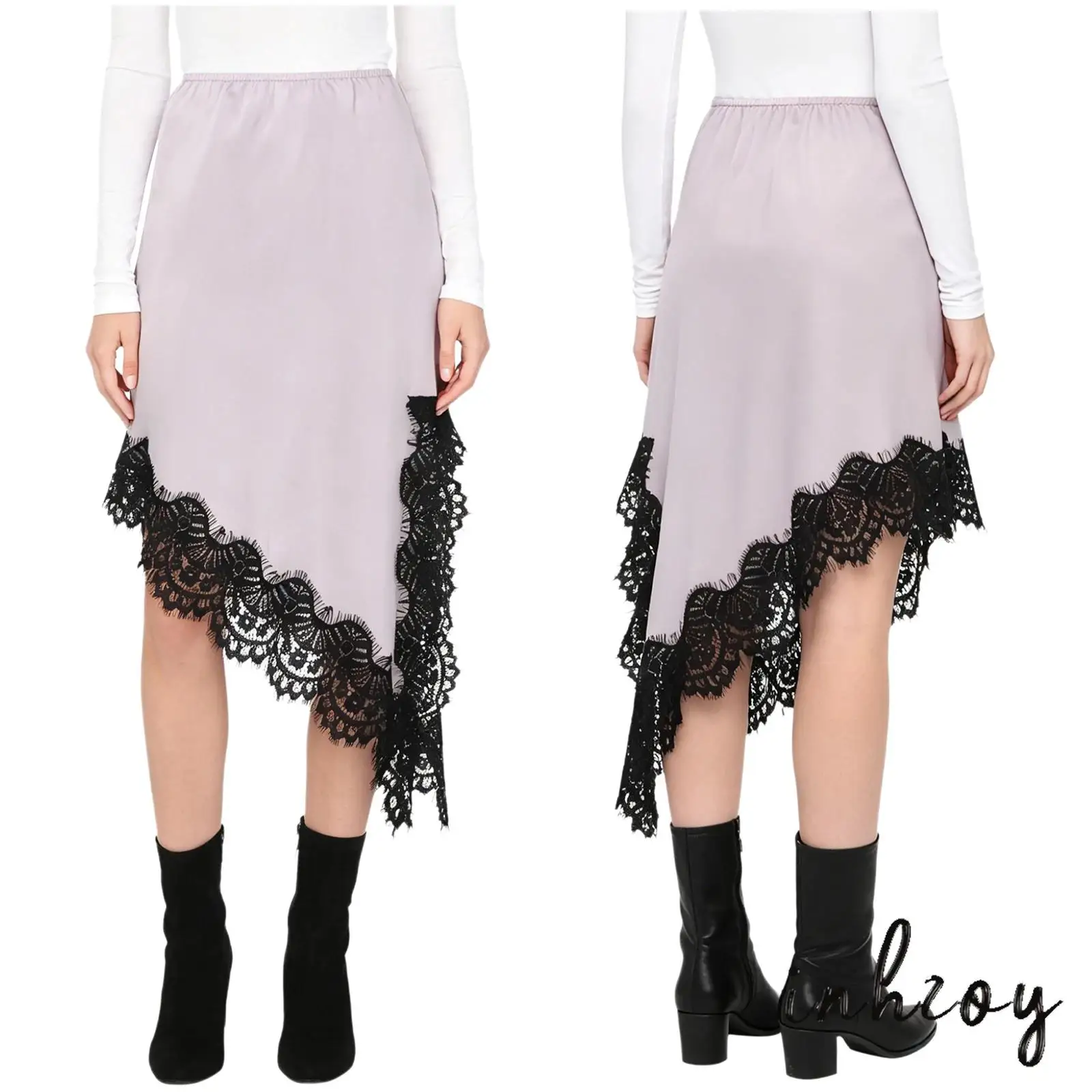 

Satiny A Line Skirt for Women Irregular Hem Eyelash Lace Trim Side Split Skirts Elegant Female Side Zipper Casual Style Clothing