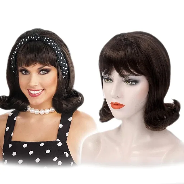 Retro Style 90s Women Long Brown Synthetic Wig with Side Bangs, Fashion Cosplay Party Costume Heat Resistant Fiber Hairpiece