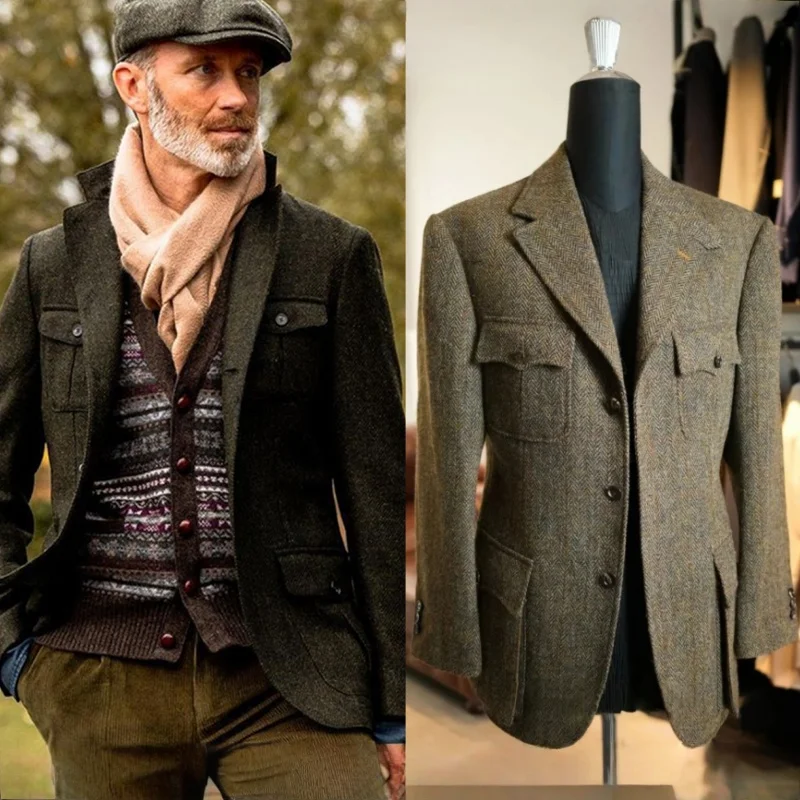 

Men's Vintage Herringbone Tweed Blazer British Wool Blend Double Breasted Lightweight Casual Sport Coat Formal Jacket
