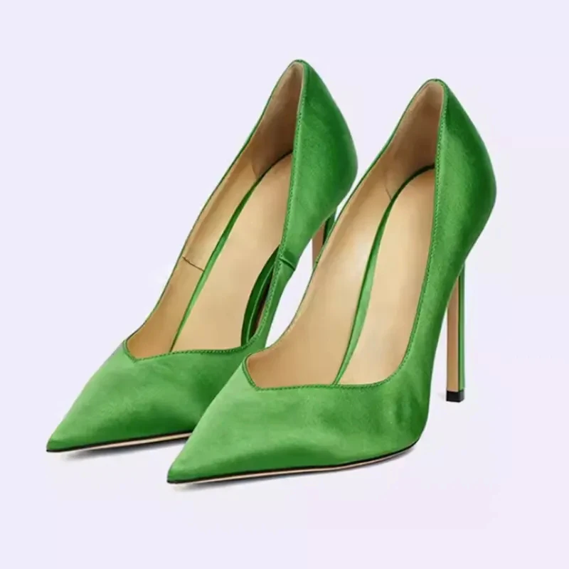

Grass Green Silk V-Cut Opening High Heels Pumps Pointed Toe Women Stilettos Heel Banquet Shallow Single Shoes Zapatillas