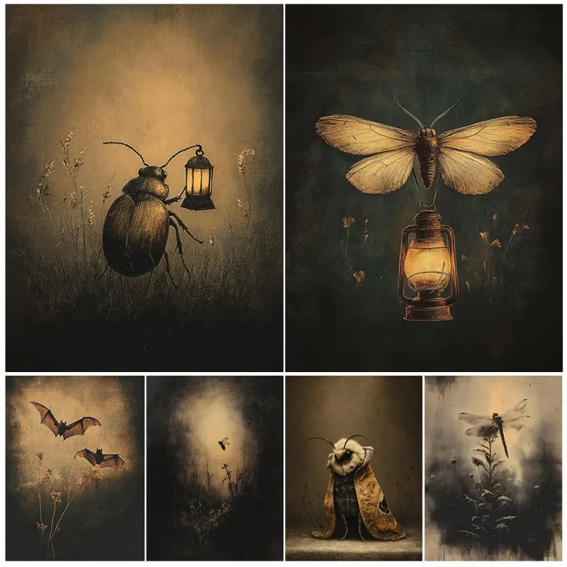 Vintage Insect Dark Antique Melancholy Moth,Beetle with Lantern Aesthetic Poster Canvas Painting Wall Art Pictures Home Decor